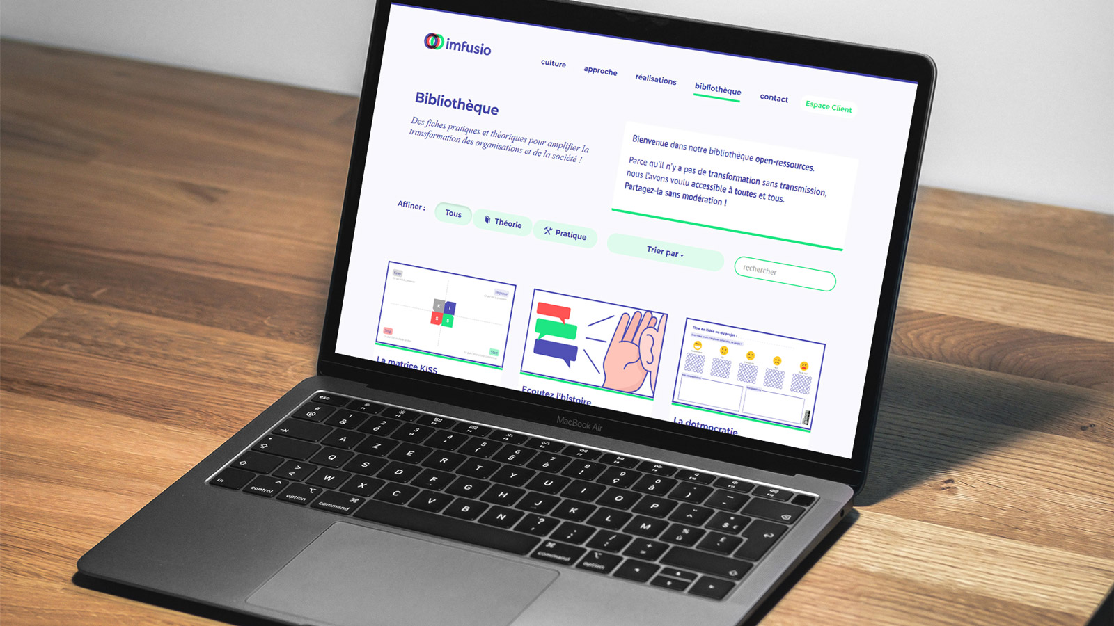 Développement d'une bibliothèque web to print sur mesure pour l'entreprise Imfusio.  Une bibliothèque qui propose des fiches pratiques et théoriques pour amplifier la transformation des organisations et de la société.