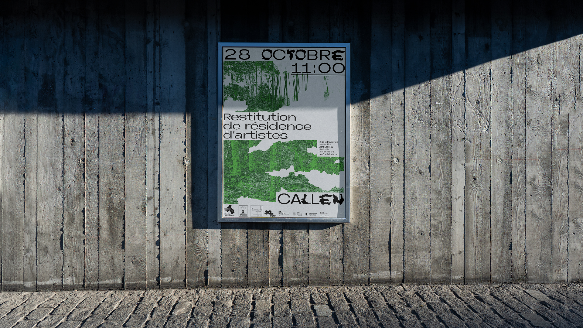 Affiche de communication de la restitution de résidence artistique, réalisée par Clara Loustau, graphiste et designeuse, à Callen Landes et Pau.