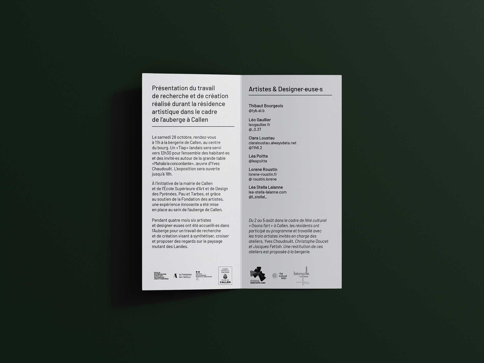 Affiche de communication de la restitution de résidence artistique, réalisée par Clara Loustau, graphiste et designeuse, à Callen Landes et Pau.