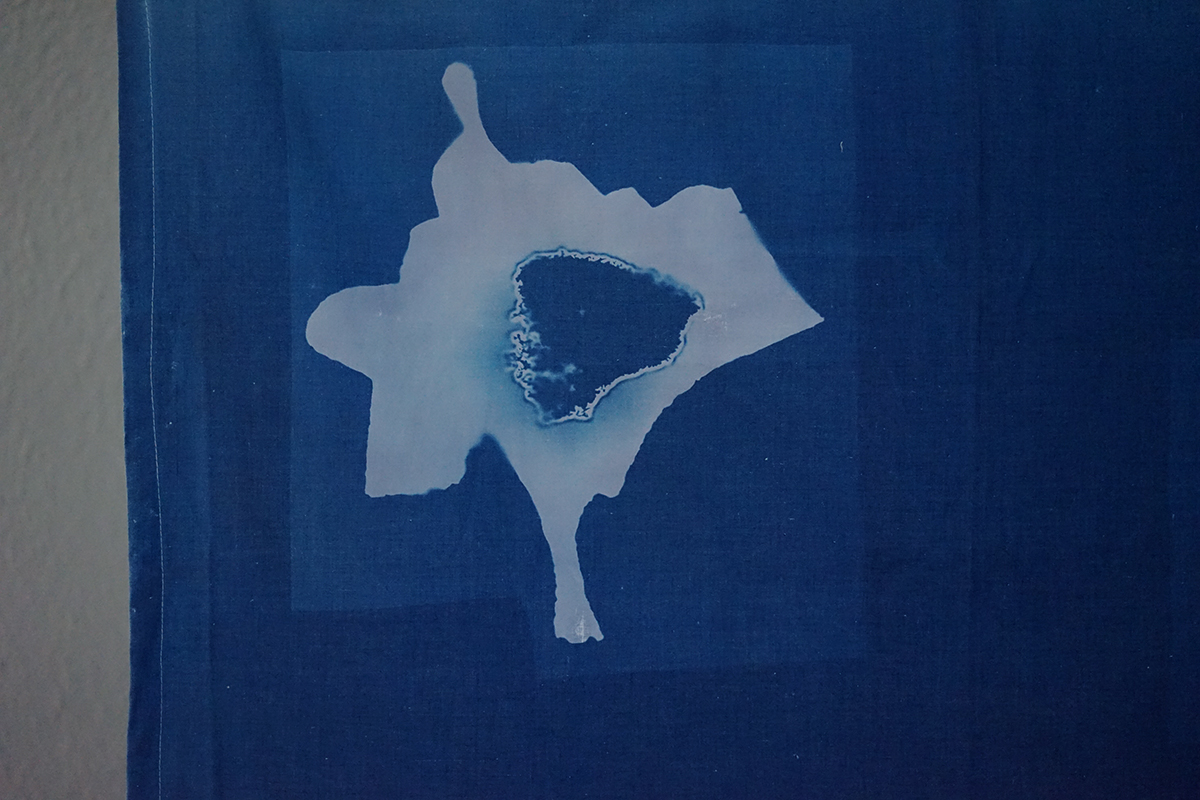 Impression au cyanotype d'une série de 3 drapeaux, "Terre Maudite" réalisée par la graphiste et designeuse Clara Loustau lors de la résidence Artistique menée à Callen à l'initiative du Maire Yann Bouffin ainsi que Jean-Francois Dumont, en septembre 2023 à Callen, Landes, France. Terre Maudite est un projet de recherche et de production autour des légendes de la terre des Landes.