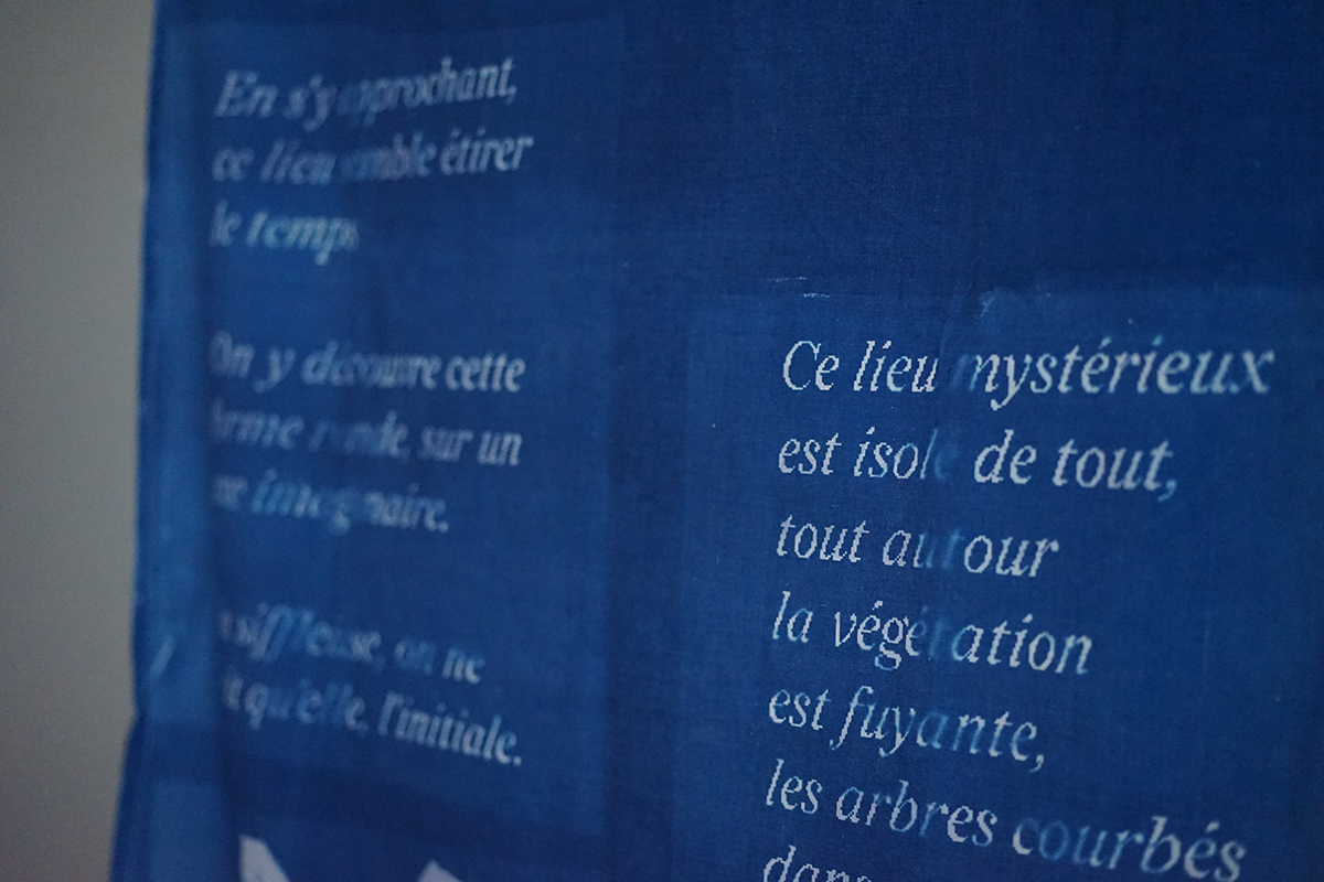Impression au cyanotype d'une série de 3 drapeaux, "Terre Maudite" réalisée par la graphiste et designeuse Clara Loustau lors de la résidence Artistique menée à Callen à l'initiative du Maire Yann Bouffin ainsi que Jean-Francois Dumont, en septembre 2023 à Callen, Landes, France. Terre Maudite est un projet de recherche et de production autour des légendes de la terre des Landes.