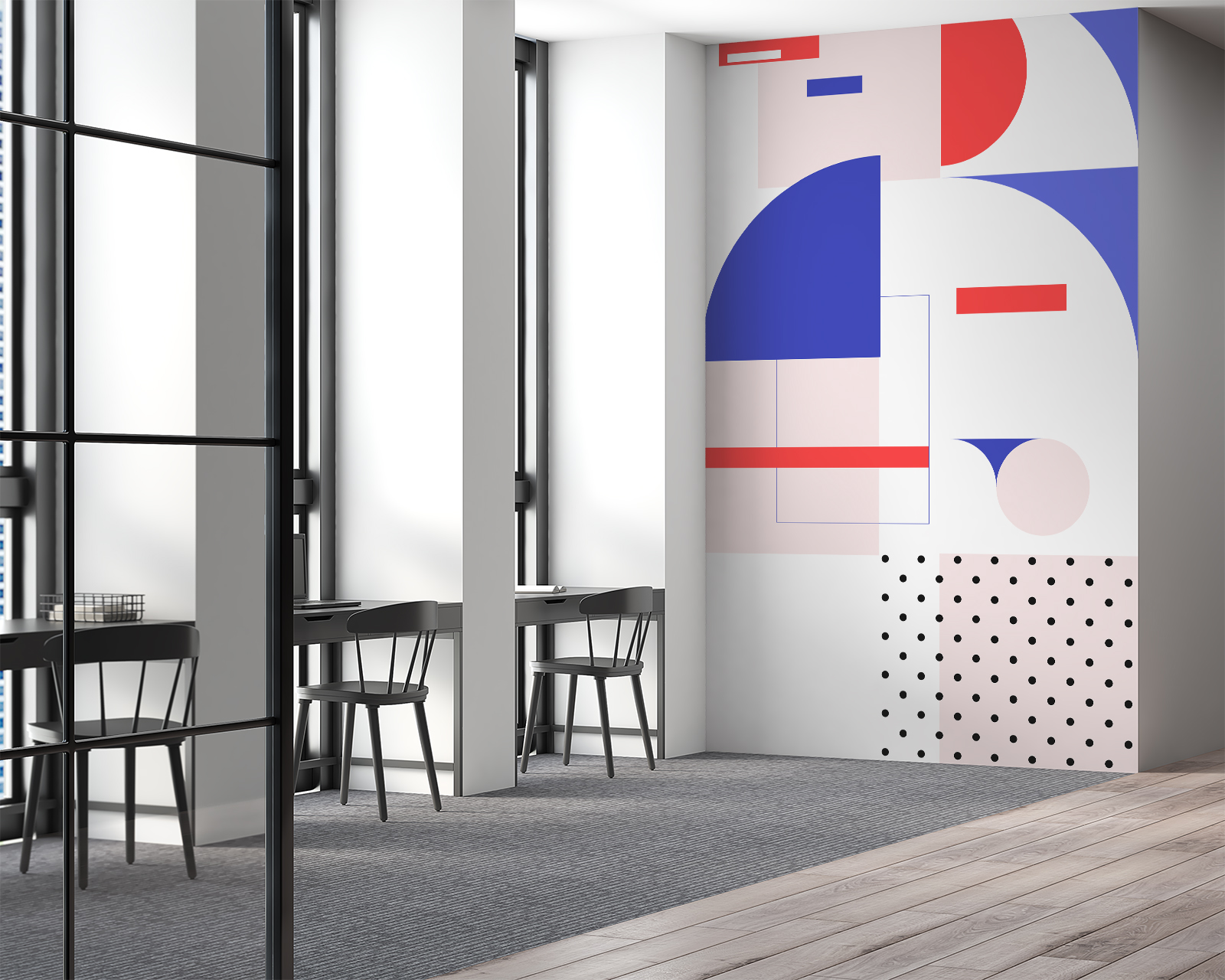 Le projet pour lequel nous j'ai été solicitée consiste en la participation à la rénovation des paliers de l’immeuble situé 15 rue Henri Ribière à Paris19ème (à l’exception d’un niveau qui a été rénové récemment suite à un incendie) par l'agence d'architecture et de design d'intérieur PETERMAAN.  Situé devant la Place des Fêtes, l’immeuble construit en 1974 par l'architecte Marc Leboucher a fait partie du programme d’urbanisation de la place, qui l’a transformée de façon radicale avec la construction de 7 tours dont 2 IGH de 35 niveaux, 5 autres de 18 niveaux et 11 édifices de plus de 12 étages. Aujourd’hui, non seulement la population de ces tours n’élève aucun lamento anti-béton, mais elle a suscité sur le quartier l’avènement d’une culture multi-ethnique, néo-bellevilloise et populaire, d’une nouvelle manière.  L’immeuble du 15 rue Henri Ribière haut de 18 étages (non qualifié IGH) comprend 174 logements, du studio au 5 pièces. 3 ascenseurs desservent tous les étages identiques, avec 10 appartements par étage, à l’exception du 17ème et du 18ème qui sont des demi-étages.  J'ai produit 2 motifs en réinterprêtant les motifs de la mosaïque du hall d’entrée, qui seront ensuite imprimés à la dimension des murs des fonds de couloir sur un lé en vinyle encadré par des baguettes.