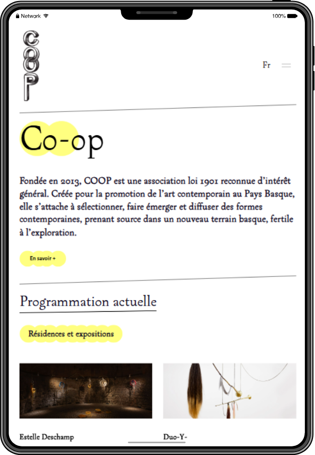 Page d’accueil du site de CO-OP sur tablette